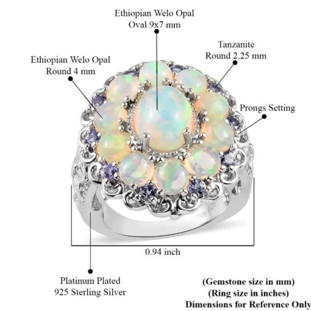 Snow-in-summer Floral Cluster Opal & Tanzanite Sterling Silver Ring